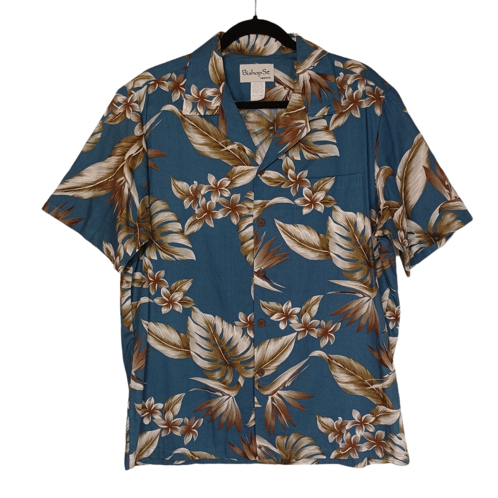 VTG BISHOP ST. APPAREL Blue Tan Leaf Tropical Print Button Front Hawaiian Shirt